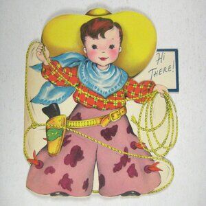 Greetings Card Happy Birthday Day 1949 Used Cowboy Lasso Hat USA Die Cut Doll